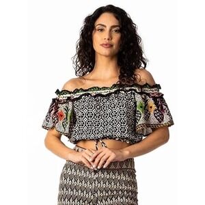 NWT Farm Black White Off The Shoulder Ruffle Love Heart Print Cropped Blouse